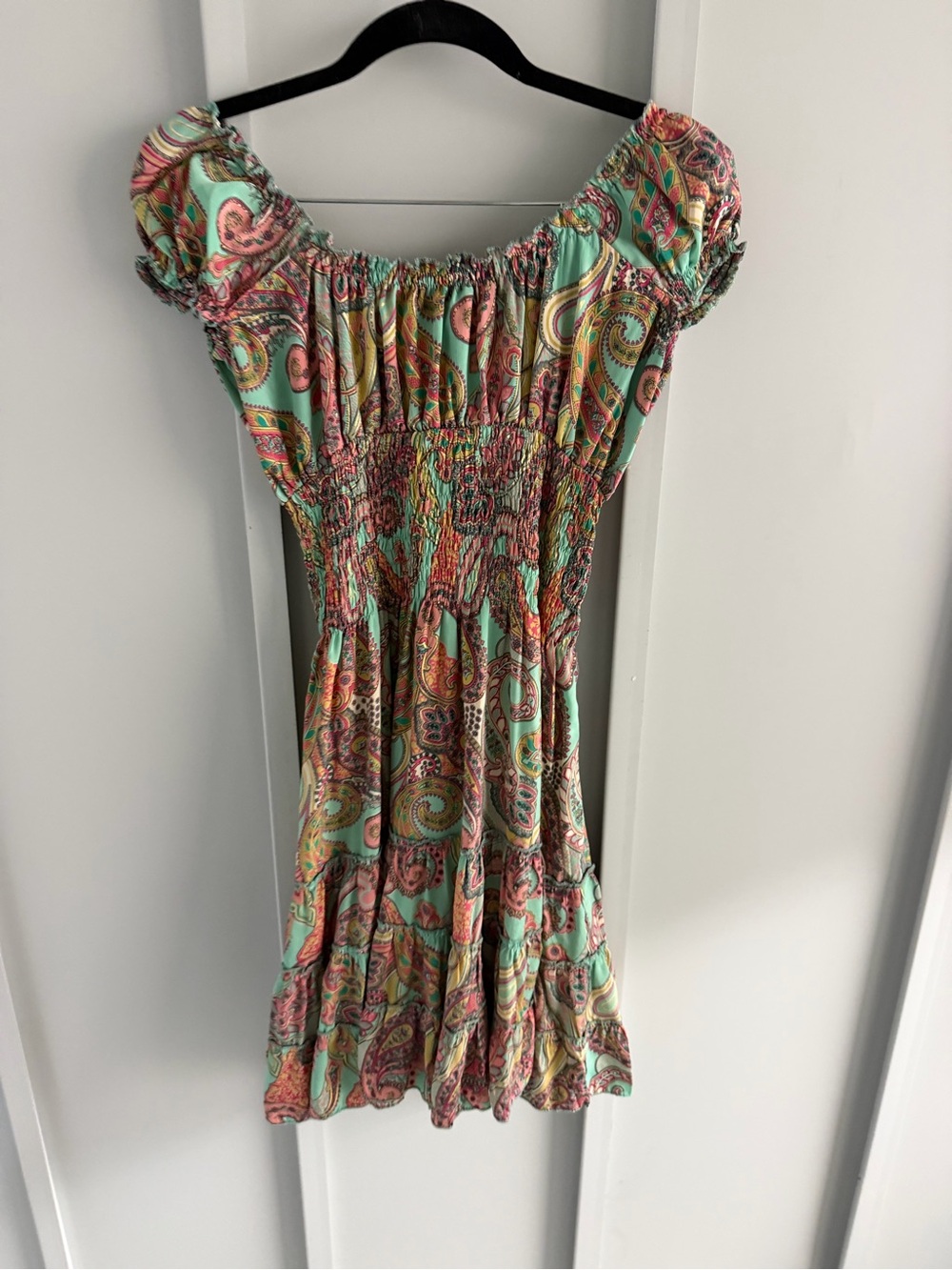 Anisa Spain Multi-Colored Green Orange Paisley Smocked Mini Dress - Size S/M - Picture 9 of 13